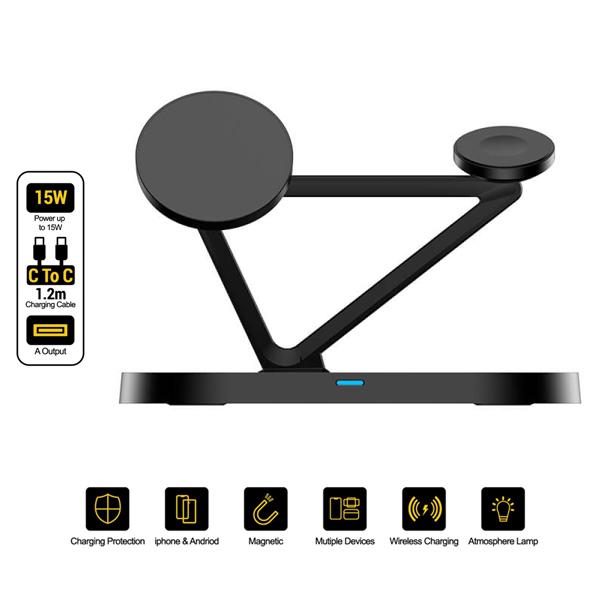 Sạc Không Dây 3 Trong 1 Pisen Pro - Wireless 3-in-1 Night Light - Màu Đen