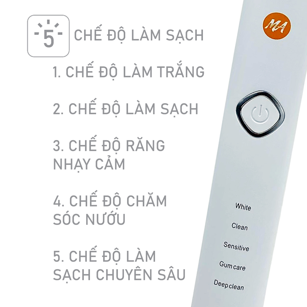 Bàn chải đánh răng điện MaxAir model MA004 công nghệ sóng âm Sonic, 5 chế độ rung, tặng kèm 2 đầu bàn chải, hàng chính hãng