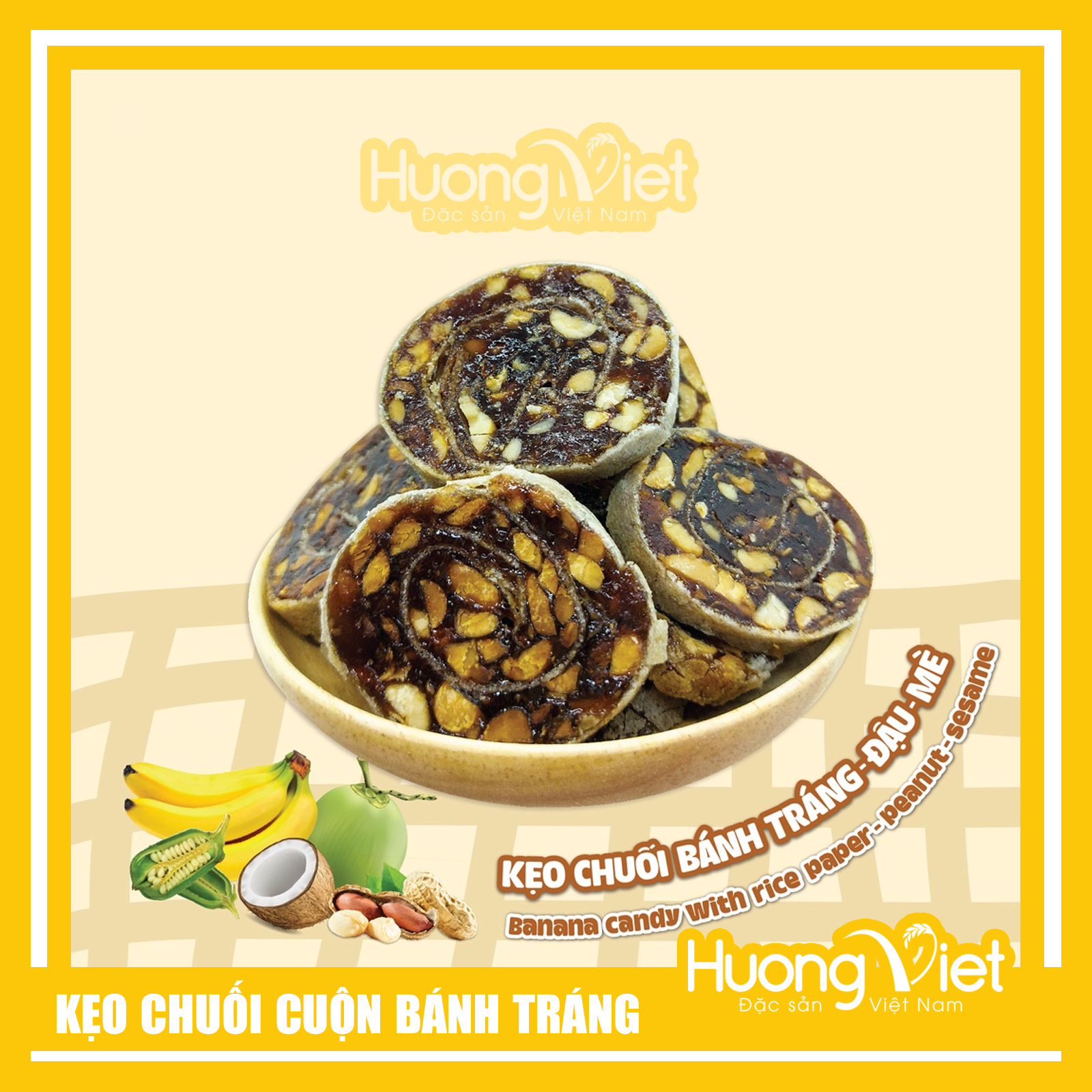 Đặc Sản Bến Tre - Kẹo Chuối Cuộn Bánh Tráng Bến Tre 450G, Kẹo Chuối Cuộn Bánh Tráng Đậu Mè Thương Hiệu Hai Tỏ Bến Tre