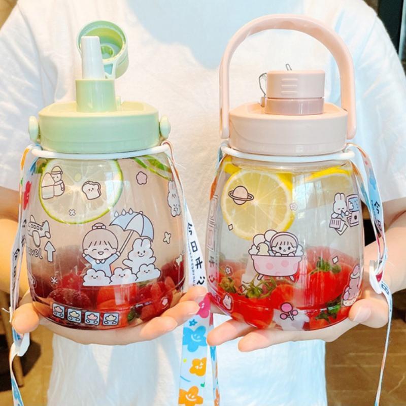 1100Ml Bình Nước Nhựa Ống Hút Nước Cup Nữ Lớn Di Động Dung Lượng Dây Đeo Bụng To Cốc Thể Thao Ngoài Trời Uống Ấm Siêu Tốc
