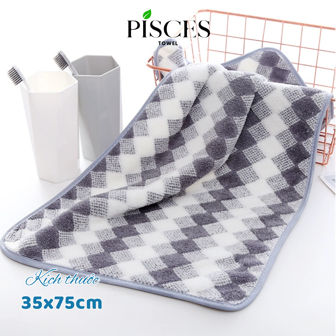 Khăn Mặt PISCES TOWEL 35x75cm Caro Cotton Mềm Mại, Khăn Spa Yoga Gym Thể Thao Thấm Hút Mồ Hôi - Xanh ngọc, Xanh ngọc