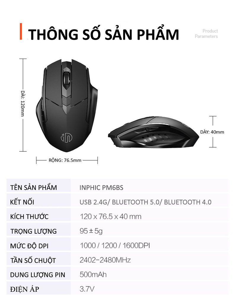 Chuột không dây INPHIC PM6BS sử dụng pin sạc kết nối bằng USB 2.4G, Bluetooth 5.0 với nút nhấn silent không tiếng ồn - Hàng Chính Hãng