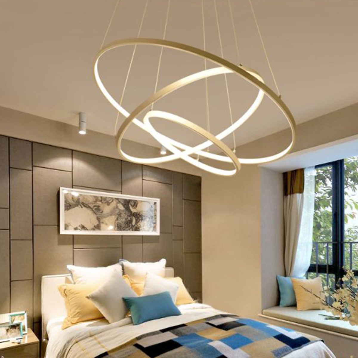 Đèn thả trần - đèn trần trang trí phòng khách 3 vòng to 3 chế độ màu ánh sáng LINH WIN