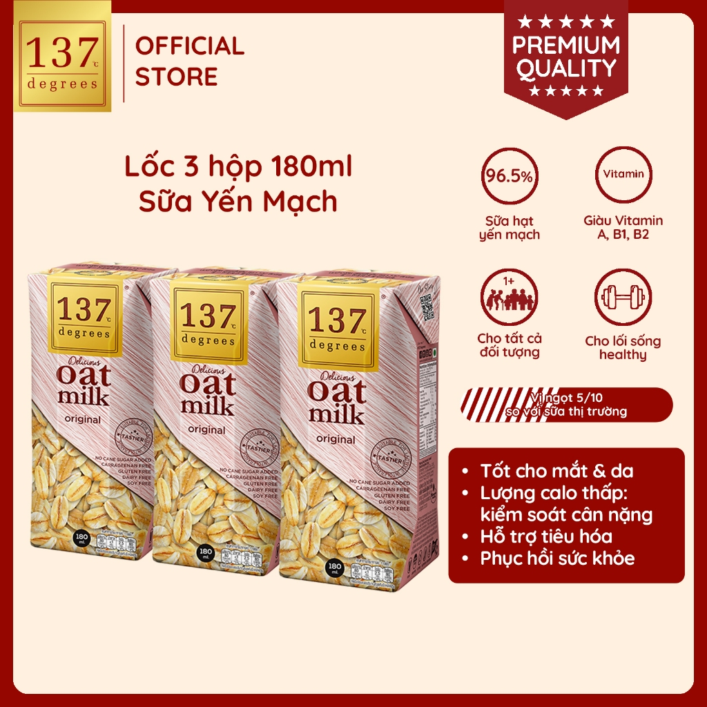 Lốc 3 hộp Sữa hạt Yến mạch Nguyên chất 137 DEGREES 180ml