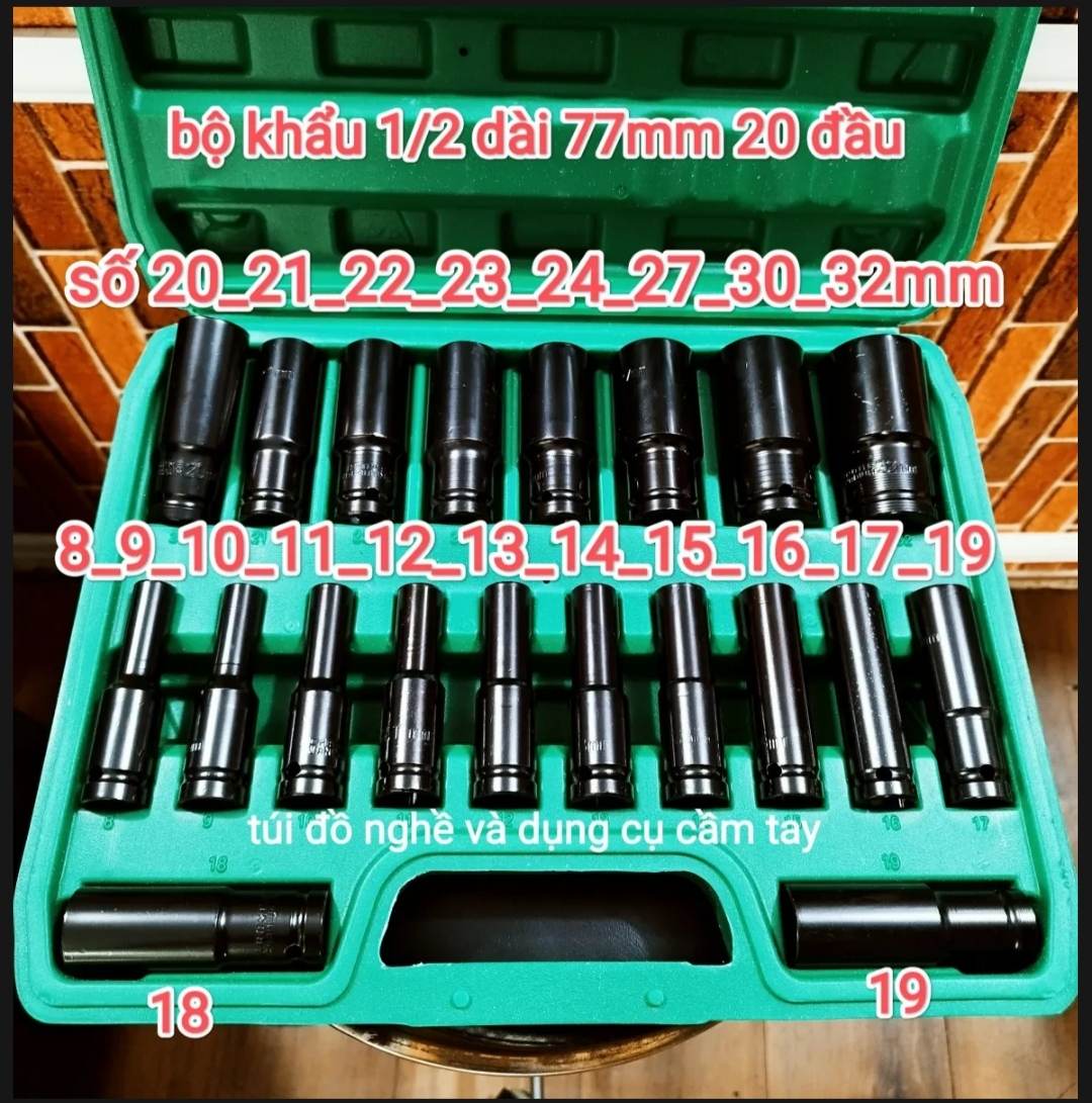 Bộ khẩu 20 chi tiết, đầu tuýp 1/2 - Dùng cho máy siết Bulong, Bộ 20 đầu khẩu thép cao cấp, chống gỉ, chống vỡ