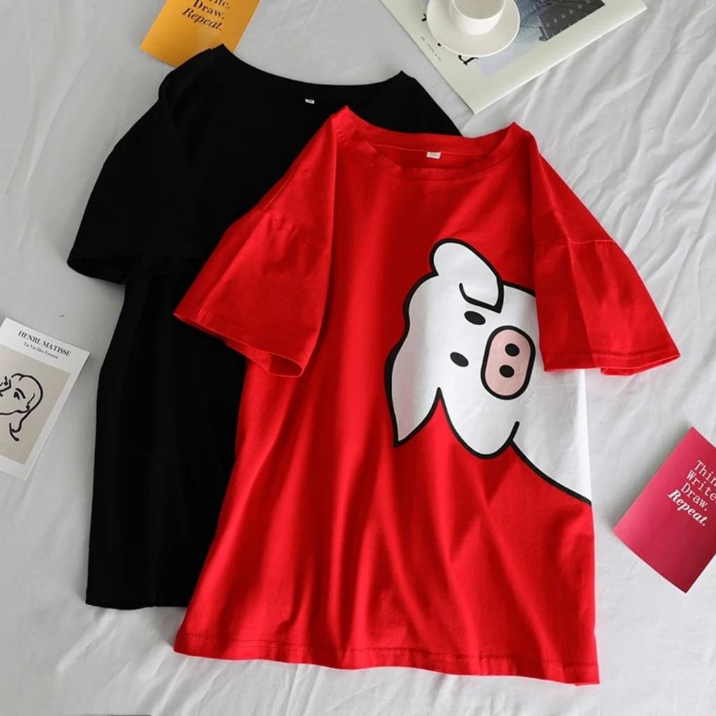 Áo thun oversize nam nữ Heo Pig cute chất liệu vải tốt cotton M L XL màu đỏ và đen Trumunisex aothununisex aophongnam