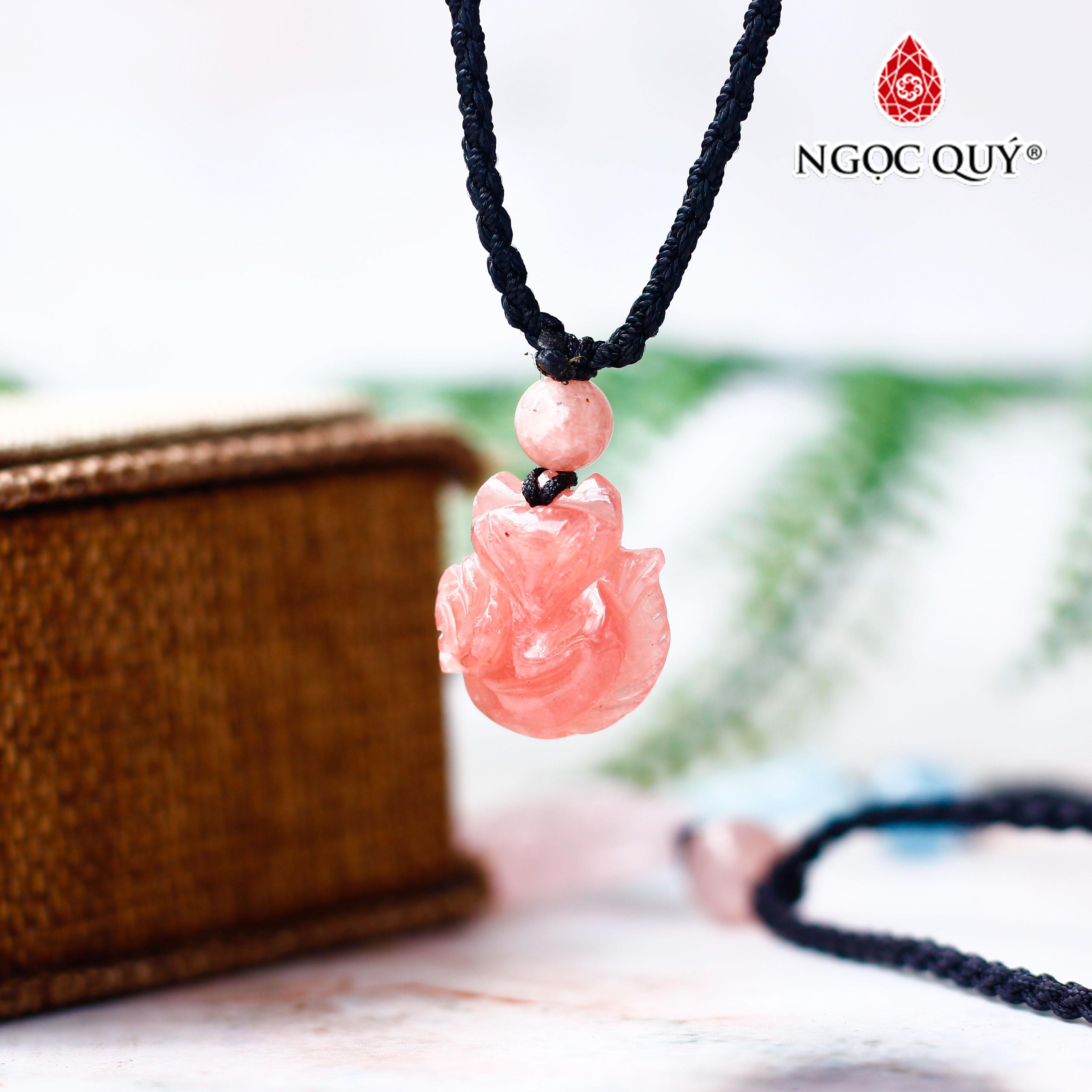 Mặt dây chuyền hồ ly 9 đuôi đá đào hoa Rhodochrosite - Ngọc Quý Gemstones