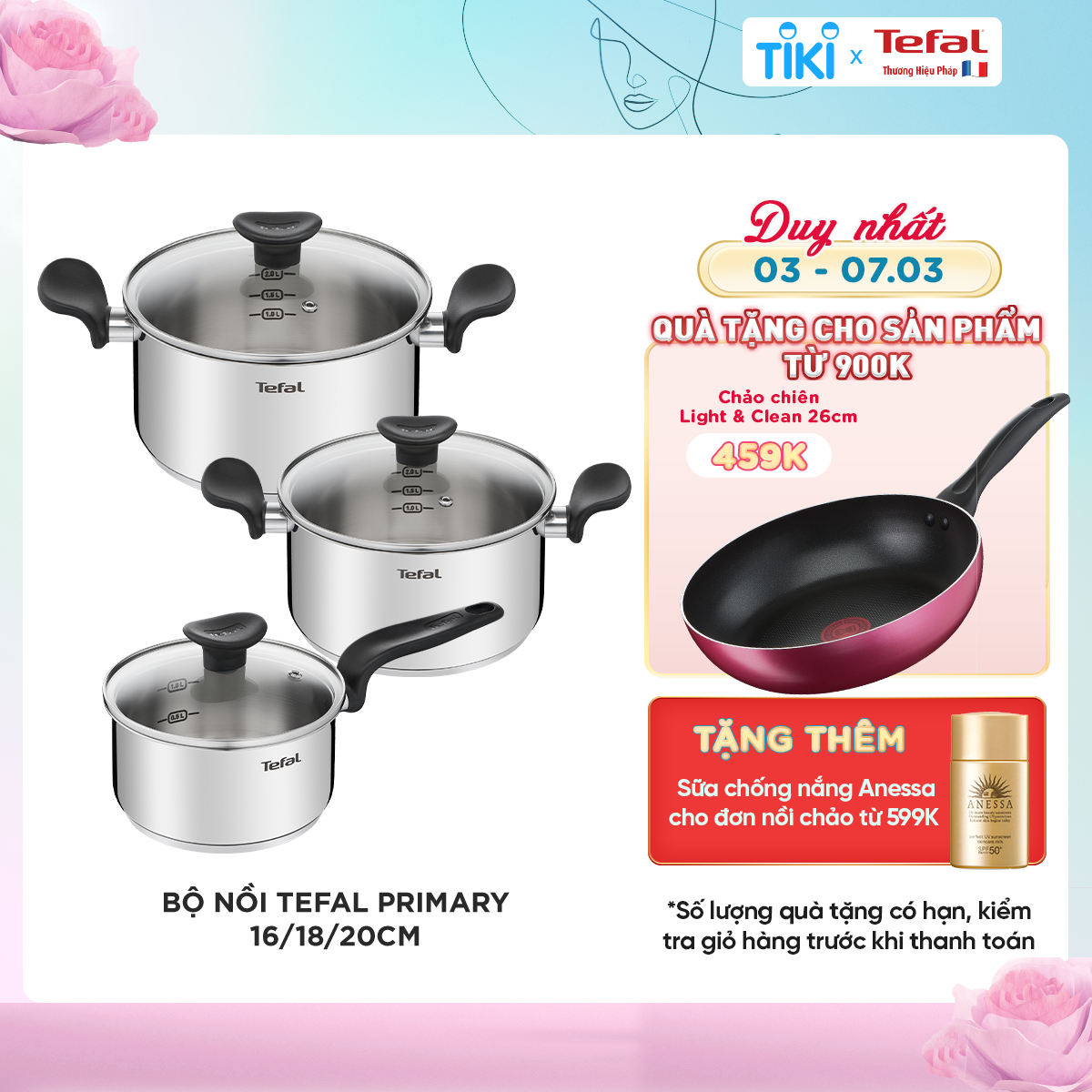 Bộ 3 nồi Inox cao cấp Tefal Primary, dùng cho mọi loại bếp (nồi cán dài 1.5L, nồi 2.2L và 3L)- Hàng chính hãng