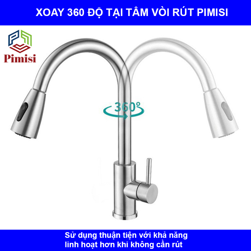 Vòi rửa bát nóng lạnh dây rút inox 304 Pimisi dùng cho chậu rửa chén bát trong nhà bếp gắn chậu với đầu vòi 2 chế độ nước tăng áp và dây rút mềm tiện lợi đa năng | Hàng chính hãng