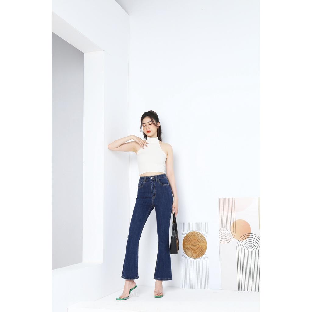 Quần Jean Nữ Ống Loe Vintage Lưng Cao Co Giãn Trơn Gấu Thường CT JEANS