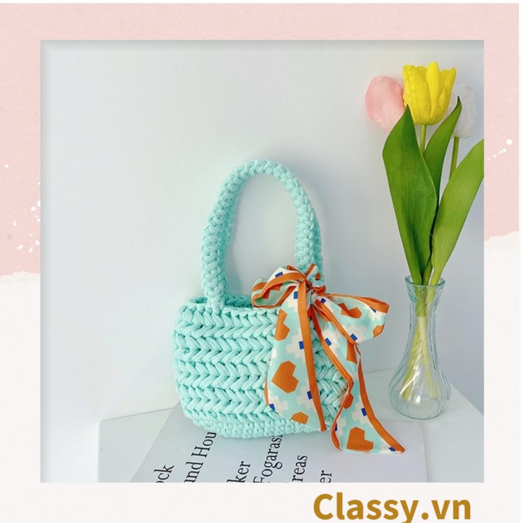Túi làm từ sợi len nhiều màu pastel Classy, quai xách chắc chắn có đính kèm nơ thời trang T1240