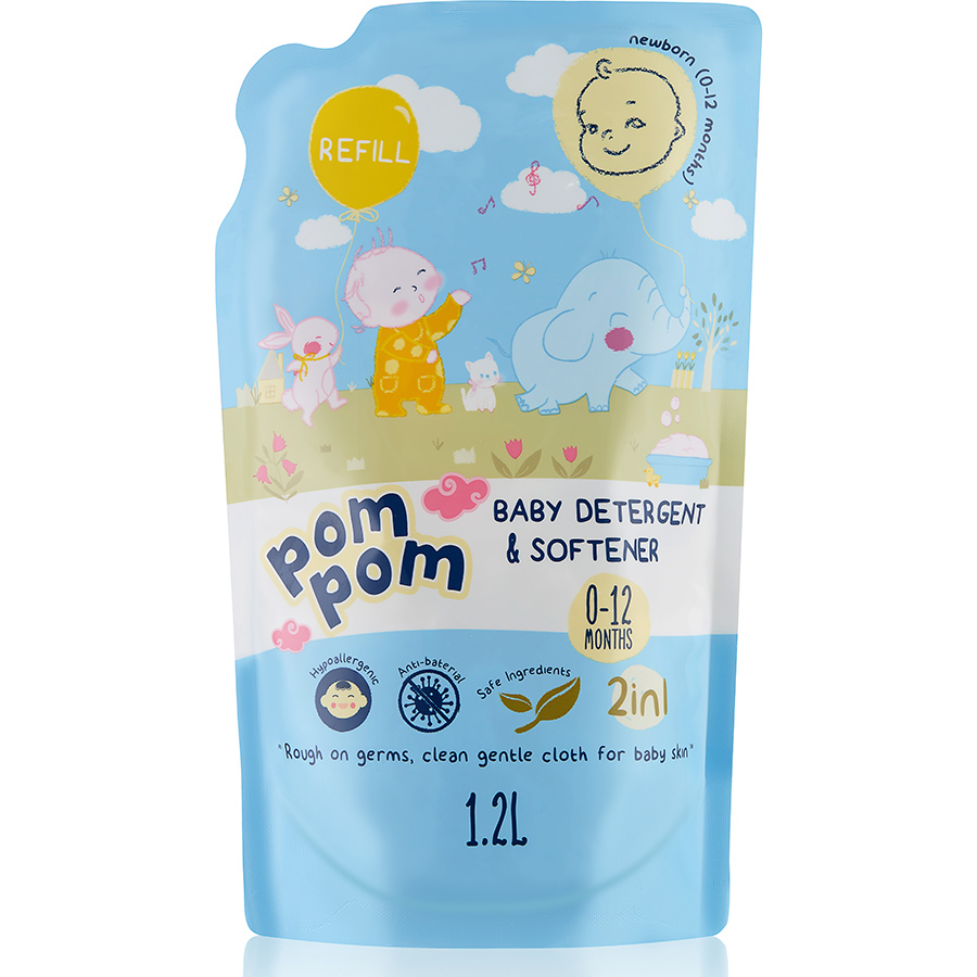 Nước Giặt Xả Pom Pom Newborn chuyên biệt dành cho bé sơ sinh (0-12 tháng) - Thùng 4 Túi 1,2L