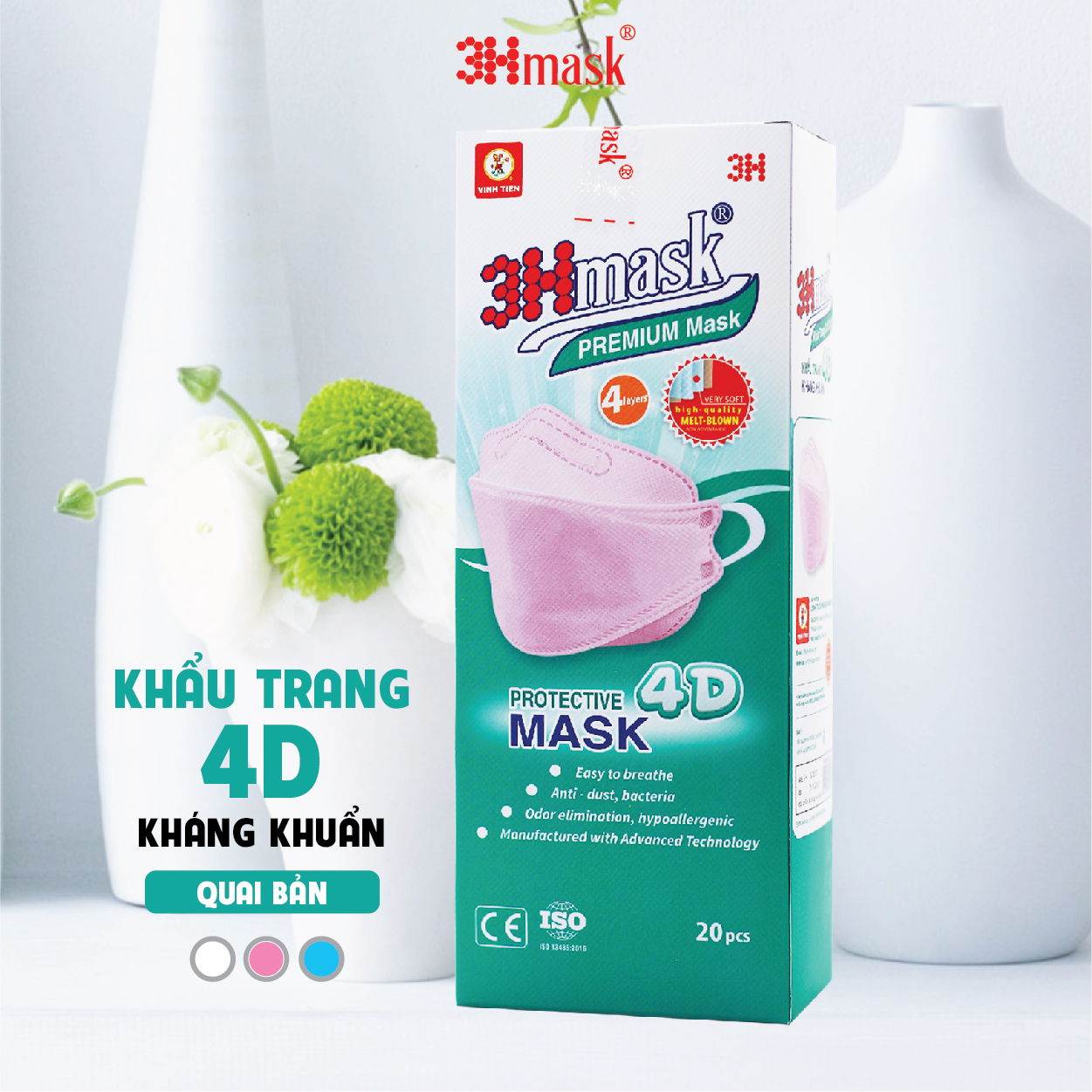 Khẩu Trang 3Hmask 4D Quai Bản Hồng (20 cái) - Kháng Khuẩn Cao Cấp ôm khít mặt, không đau tai, không lem son