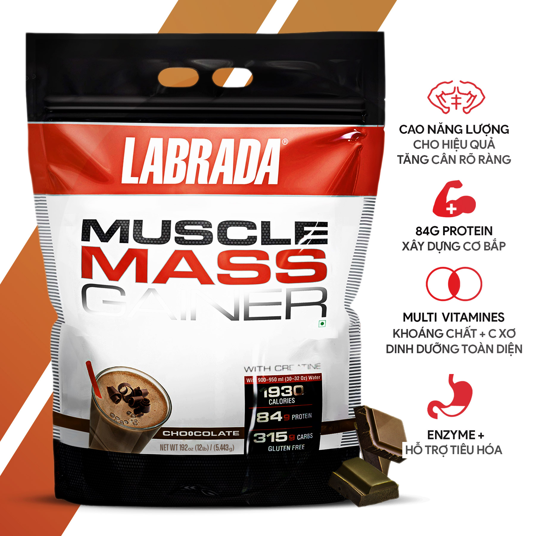 Sữa Tăng cân &amp; Tăng cơ - Muscle Mass Gainer từ Labrada - Cung cấp Calories, Protein, BCAAs &amp; 20 Loại Vitamin Khoáng chất - Hỗ trợ tăng cân tăng cơ nhanh cho người gầy kén ăn, khó hấp thụ thức ăn tự nhiên