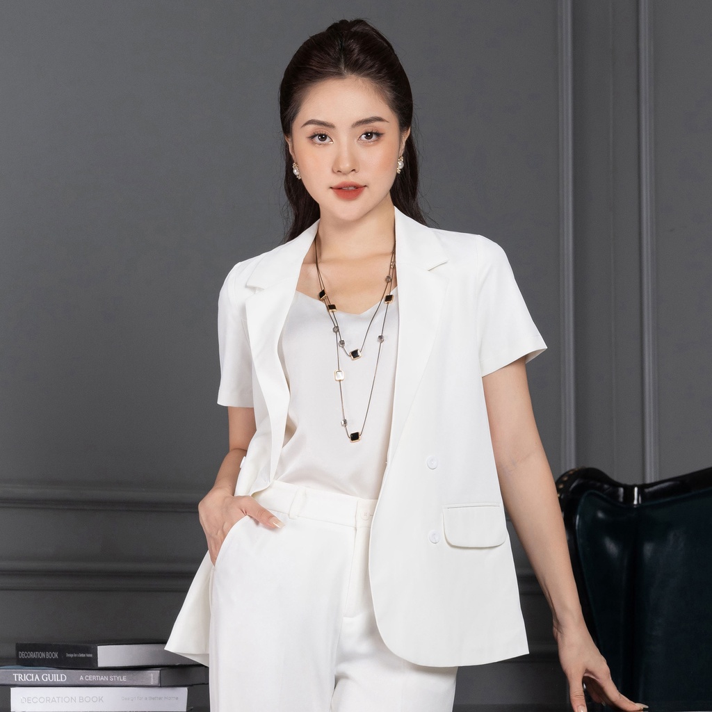 Áo Vest Nữ Kí Giả Dáng Suông Tay Ngắn UK Fashion Thiết Kế Đứng Form, 4 Cúc Điệu Đà, Chất Liệu Nhập Hàn NKSM2205002