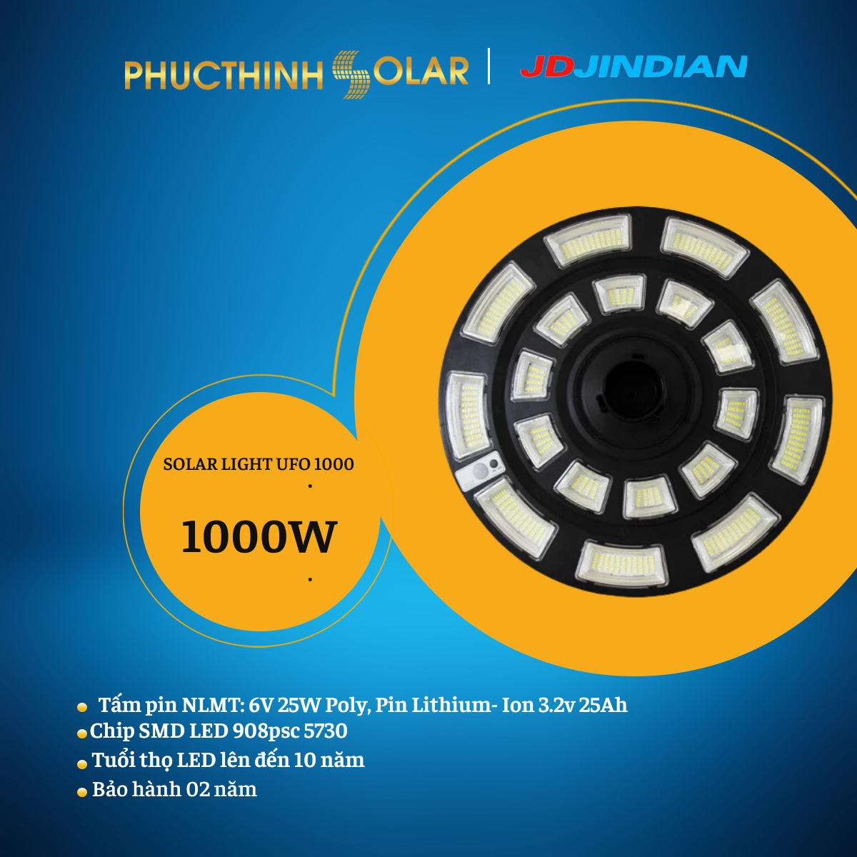 Đèn Sân Vườn Năng Lượng Mặt Trời 1000W Jindian JD-UFO1000 Đèn LED Ngoài Trời, Đèn UFO 1000W | Phúc Thịnh Solar