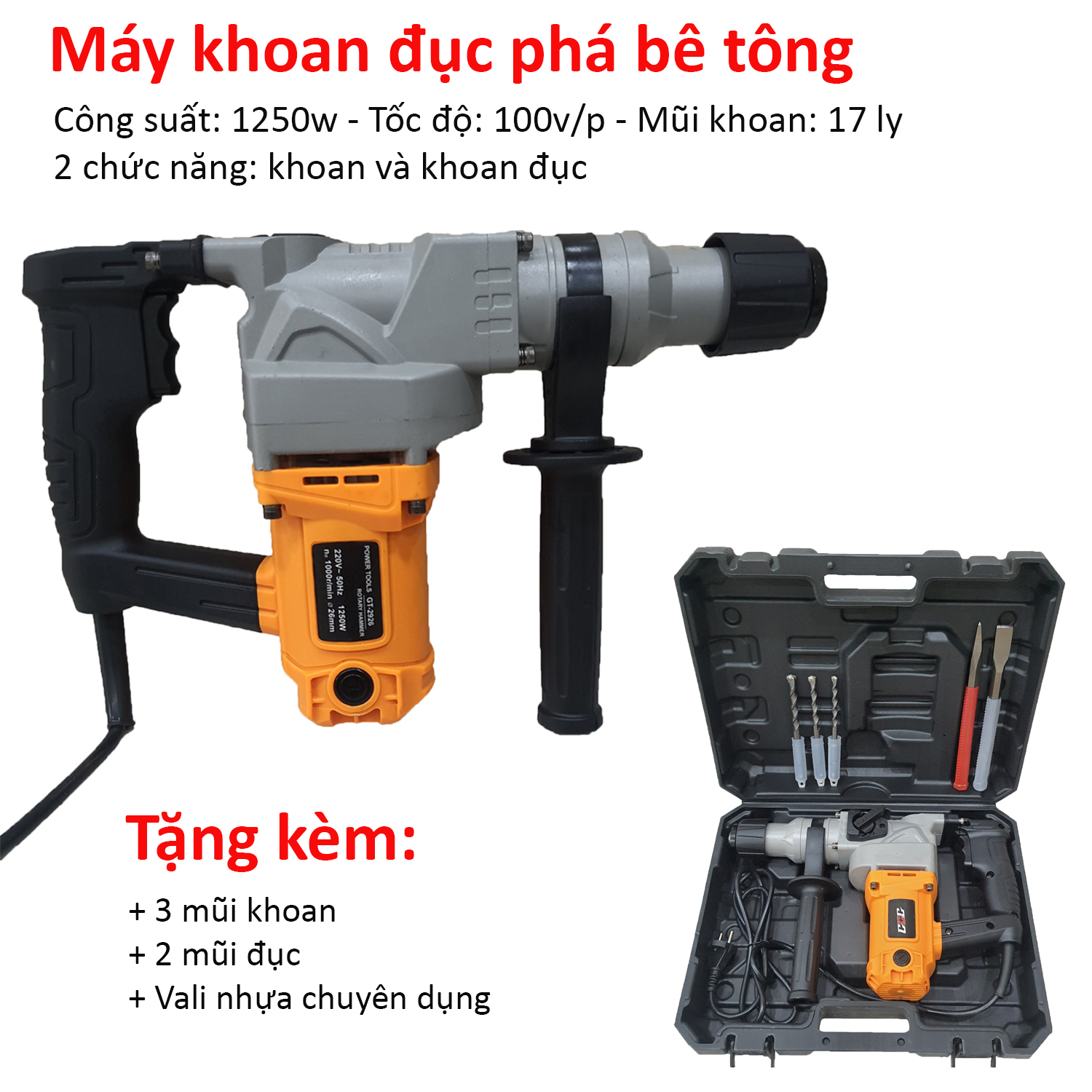 Máy khoan đục phá bê tông 2 chức năng, công suất lớn 1250w đầu 17 ly - Tặng kèm bộ 3 mũi khoan + 2 mũi đục
