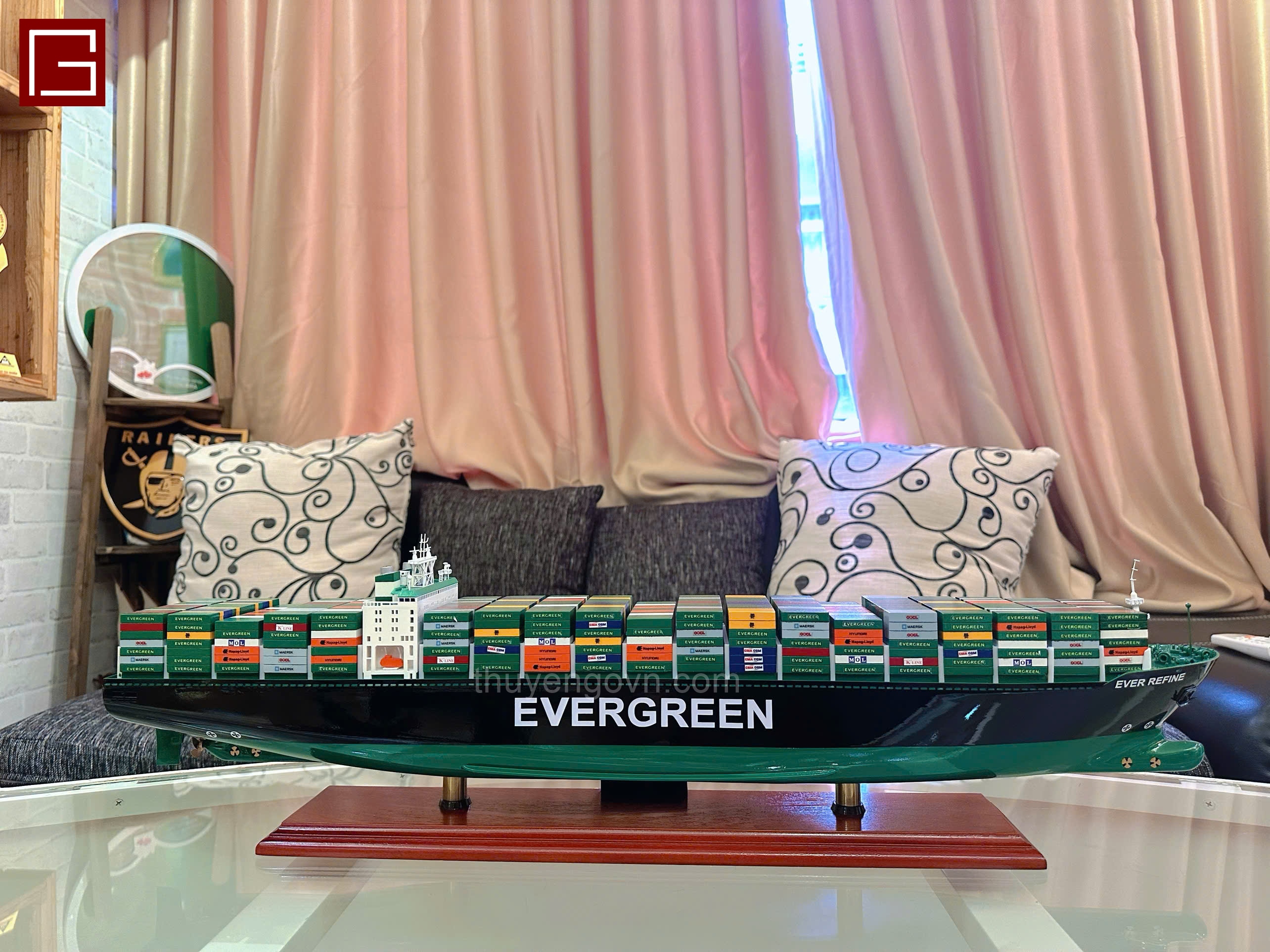 Mô Hình Thuyền Gỗ Phong Thủy Gia Nhiên, Thuyền Container Gỗ EVERGREEN, Tàu container hàng chính hãng