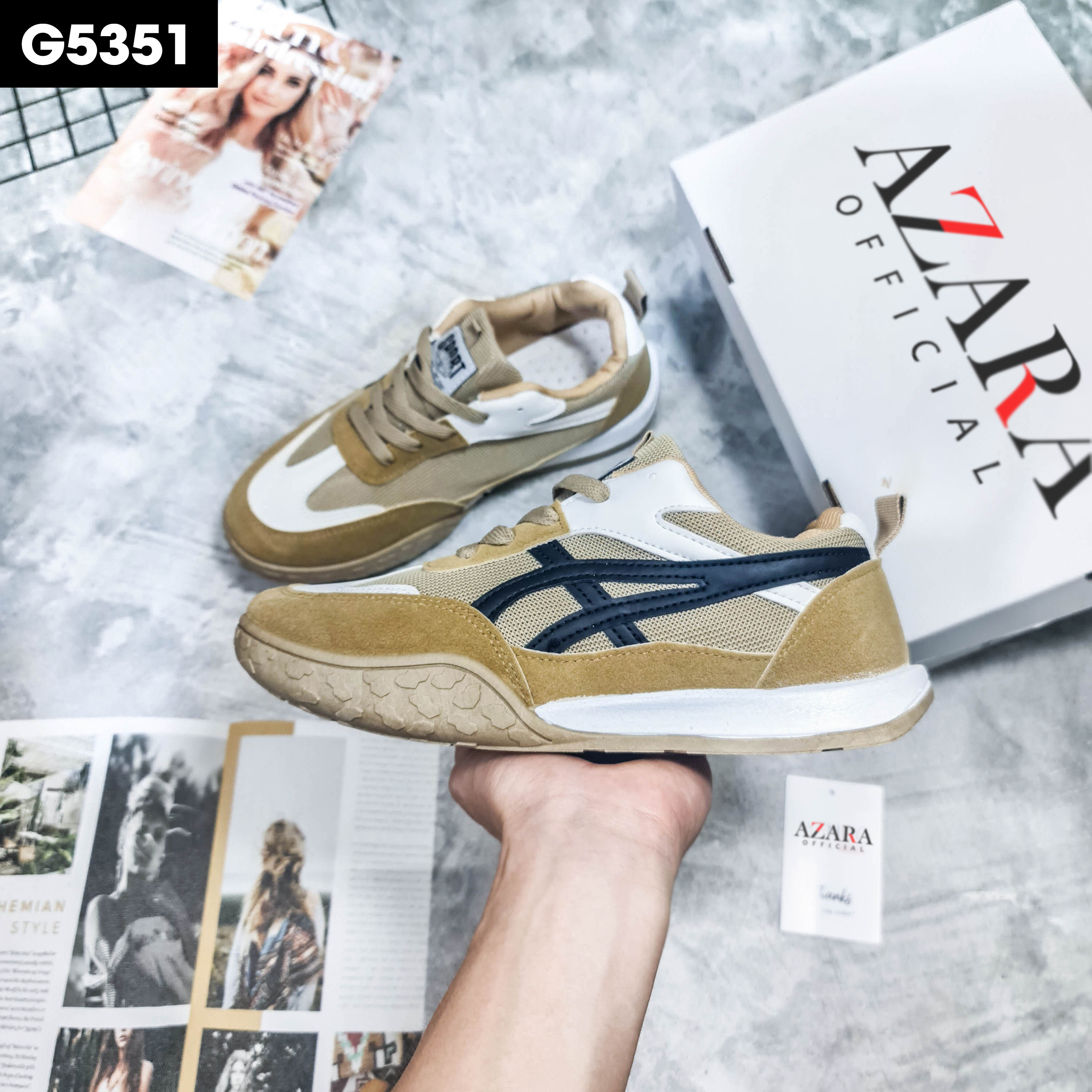 Giày Thể Thao Nam AZARA- Sneaker Màu Đen - Trắng - Kaki, Giày Dáng Thể Thao, Thoáng Khí, Phù Hợp Mọi Lứa Tuổi - G5341