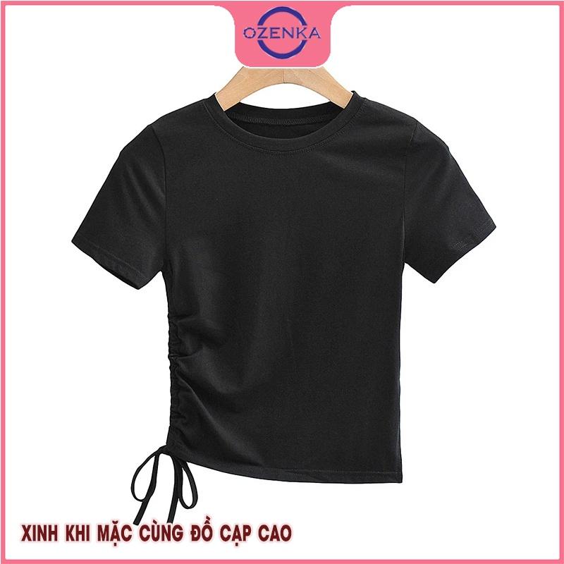 Áo croptop tay ngắn rút dây sẻ gấu cổ tròn OZENKA , crt ôm body chất liệu len gân cao cấp màu đen trắng