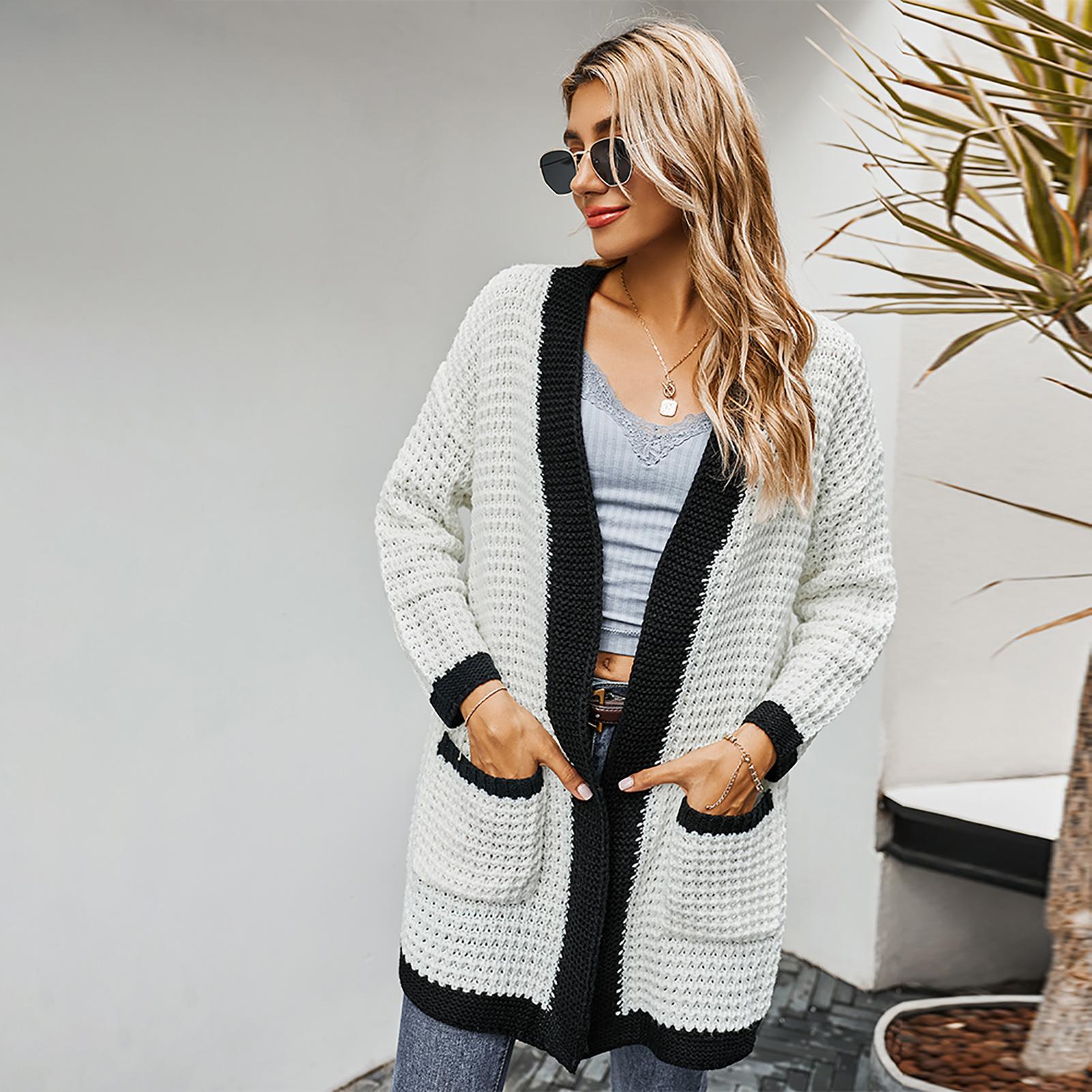 Knitted Cardigan for Women Long Open Front Cardigan Hollow Out Pockets Thick Sweater Long Sleeve Loose Coat Winter
