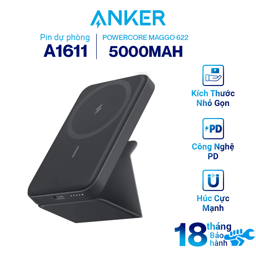 Pin Sạc Dự Phòng Không Dây Từ Tính ANKER 622 Maggo A1611, Pin Từ Tính 5000Mah Và USB-C Dành Cho Iphone 13/12 Series - Hàng Chính Hãng