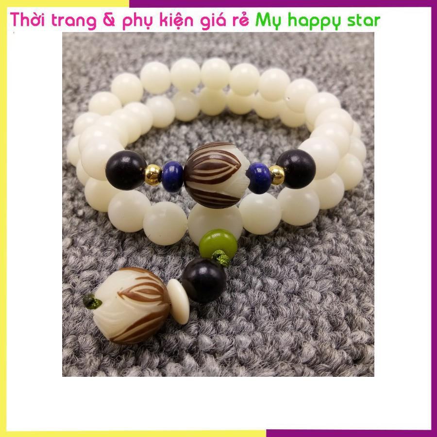 Chuỗi hạt kim cang bồ đề tự nhiên đeo tay cao cấp BĐ29 phối hoa sen và đá xanh lục