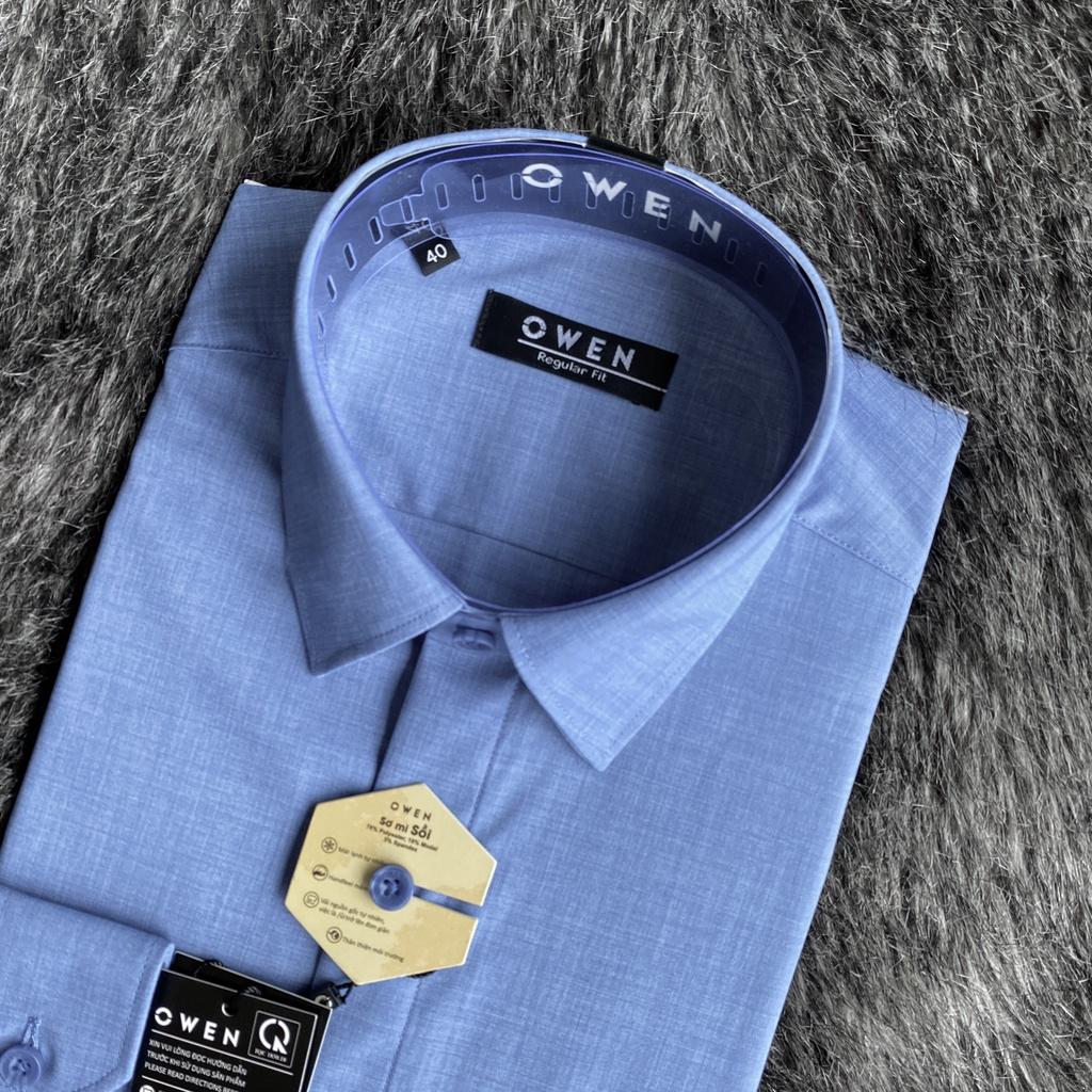 OWEN - Áo Sơ mi dài tay Owen Regularfit chất sồi màu xanh trơn 221397 - Áo sơ mi nam dài tay