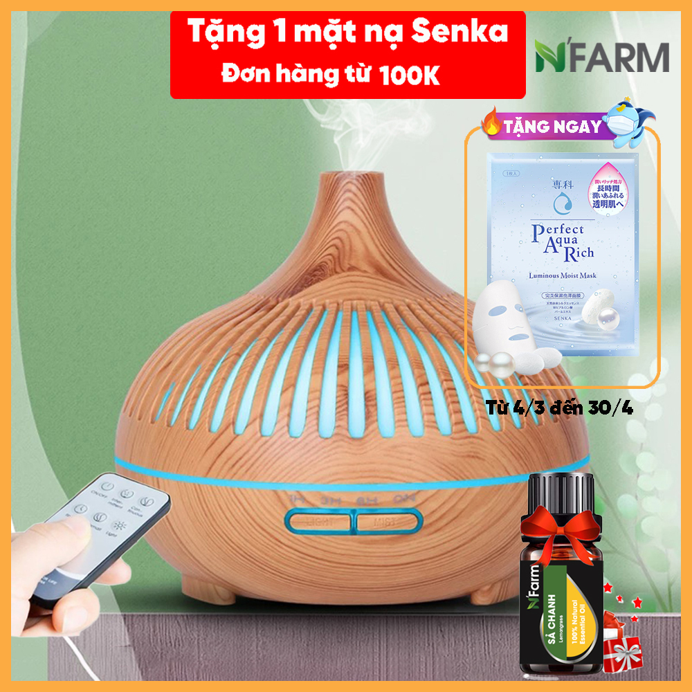 Combo máy khuếch tán, máy xông tinh dầu NFarm Giọt Nước Sọc NF2073 + tinh dầu sả chanh N'Farm (10ml). Phun sương sóng siêu âm. Có remote điều khiển