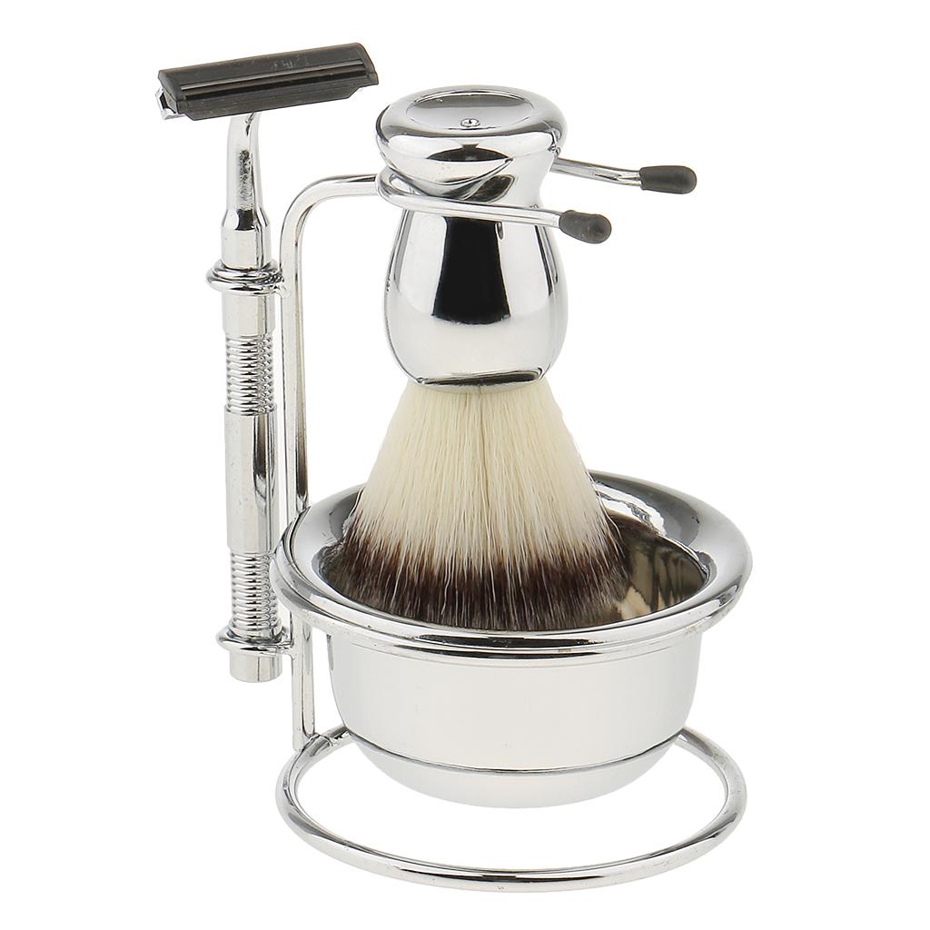 Mens Beard Removal Grooming Set, Wet Shave Kit, includes Brush, Safety Razors, Bowl and Stand Holder