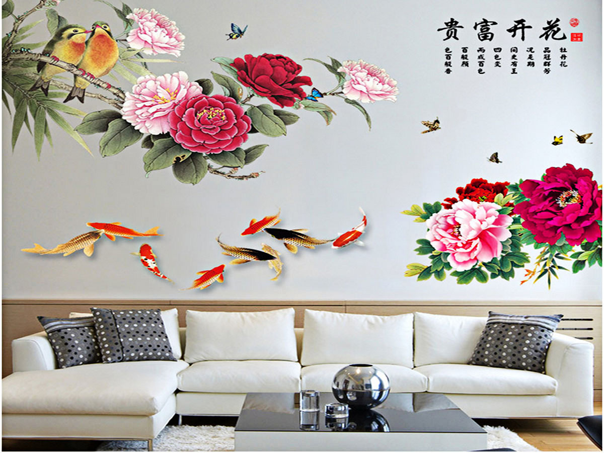 decal dán tường hoa mẫu đơn đỏ chim cá bông to 2 mảnh gs9014