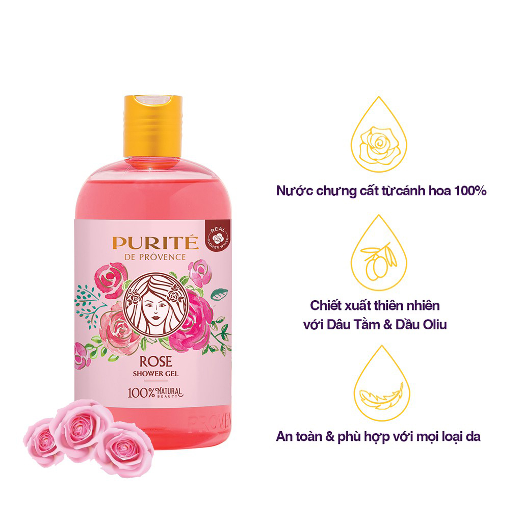 Combo Sữa tắm 500ml và Dưỡng thể 250ml Purite De Provence Hoa Hồng