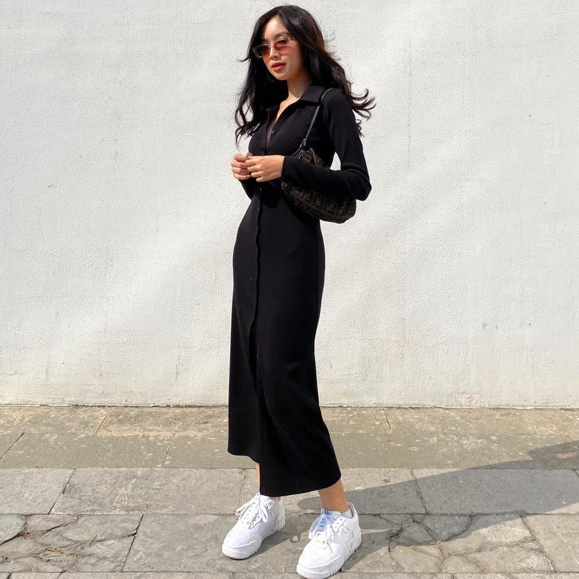 Váy thun gân body dài tay đen Mia đầm sơ mi len gân gân khuy trước váy maxi Angelina Long Sleeve Dress Mia Ritta V1028
