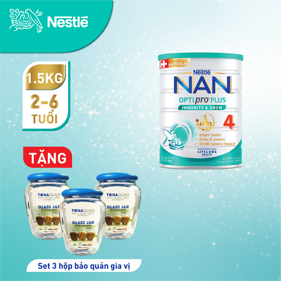 Sữa bột Nestlé NAN OPTIPRO PLUS 4 1500g/lon với 5HMO Giúp tiêu hóa tốt + Tăng cường đề kháng (2 - 6 tuổi) - Tặng Set 3 lọ Thủy Tinh Bảo Quản Gia Vị