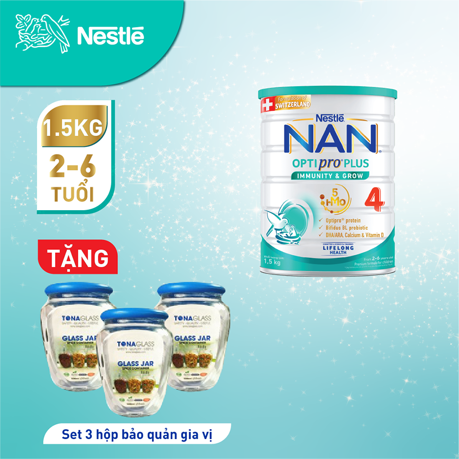 Sản Phẩm Dinh Dưỡng Nestlé NAN OPTIPRO PLUS 4 1500g/lon với 5HMO Hỗ trợ Đề Kháng - Tiêu Hóa - Trí Não &amp; Chiều Cao (Tặng Set 3 lọ Thủy Tinh Bảo Quản Gia Vị)