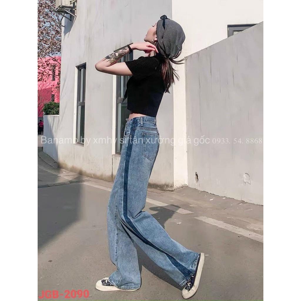 Quần JEANS nữ ống rộng lưng cao rách đùi cá tính thời trang Banamo Fashion 968