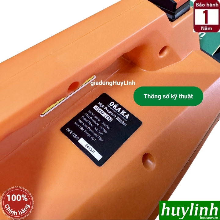Máy rửa xe chống giật Osaka S500 - Mẫu 2024 - Công suât 3000W - Motor từ lõi đồng 100