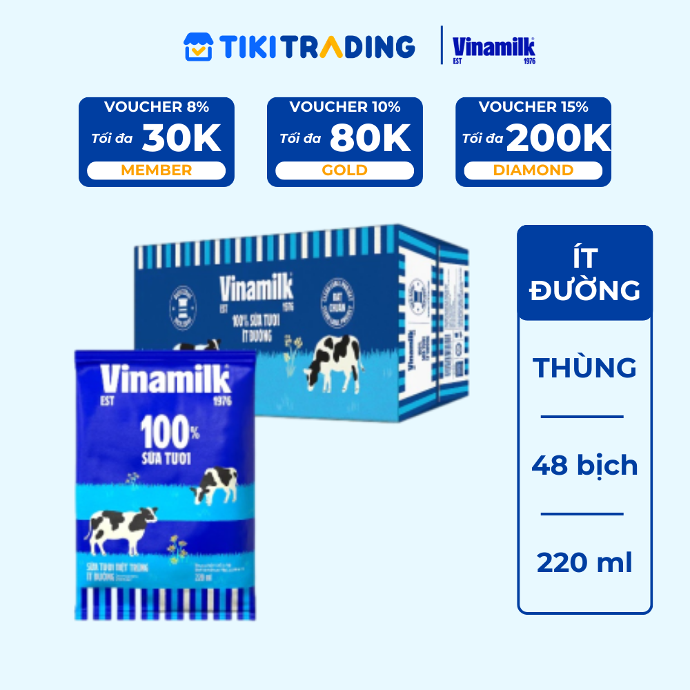 Thùng 48 bịch Sữa tươi tiệt trùng ít đường Vinamilk 100% Sữa tươi 220ml