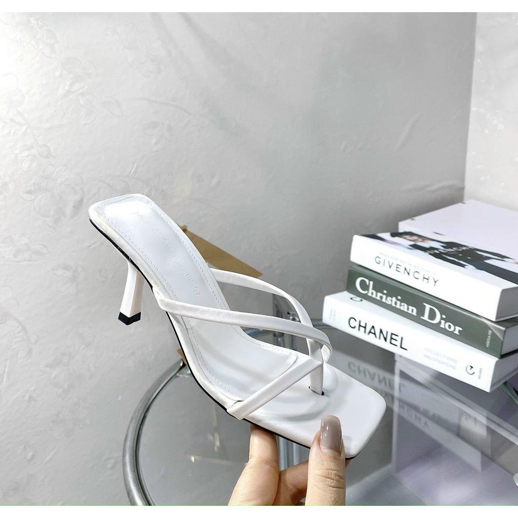 Guốc da mịn quai mảnh kẹp ngón vát gót đũa đen nâu - 7P