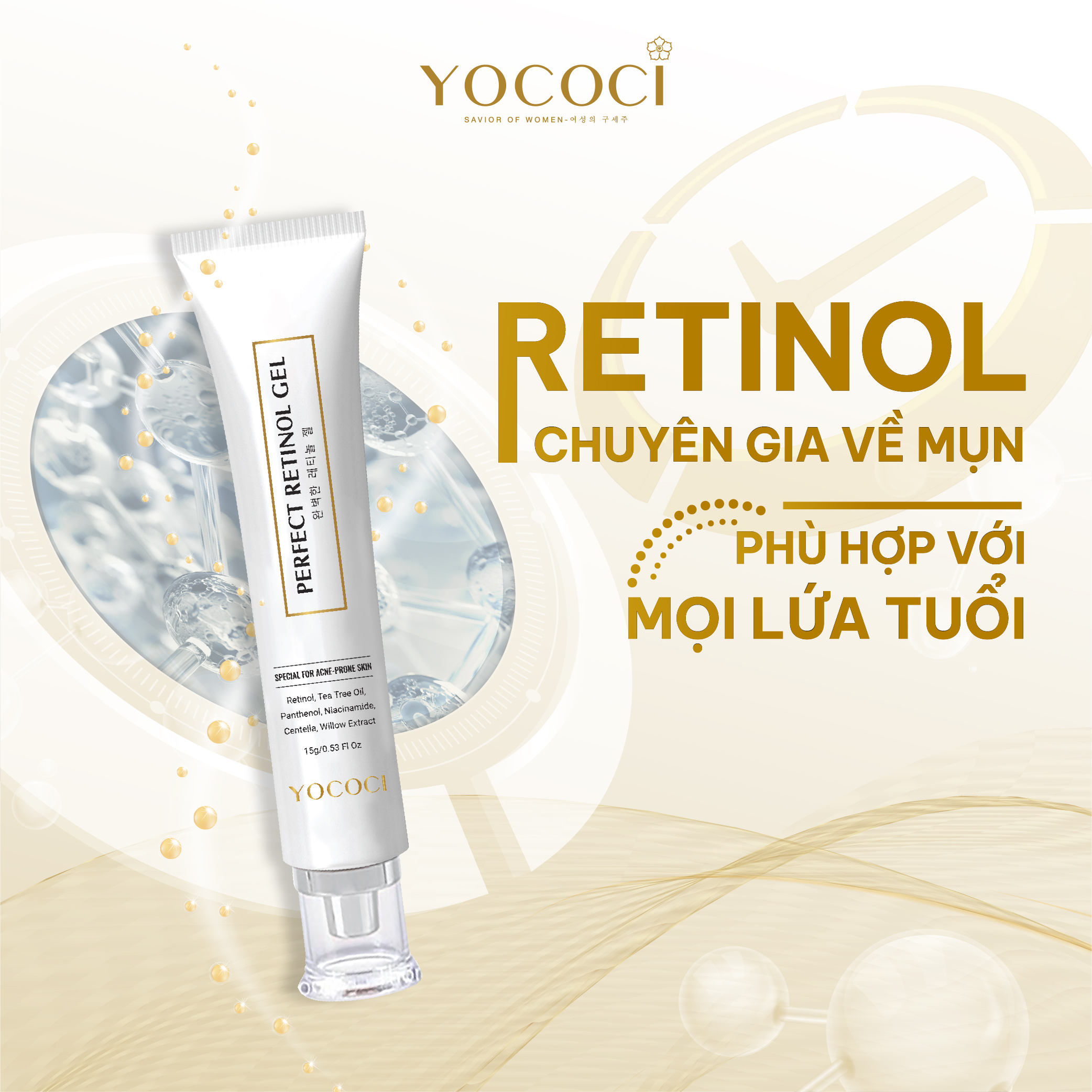 Gel chấm mụn retinol Yococi giảm viêm, khô cồi mụn, xẹp mụn, mờ thâm Perfect Retinol Gel 15g