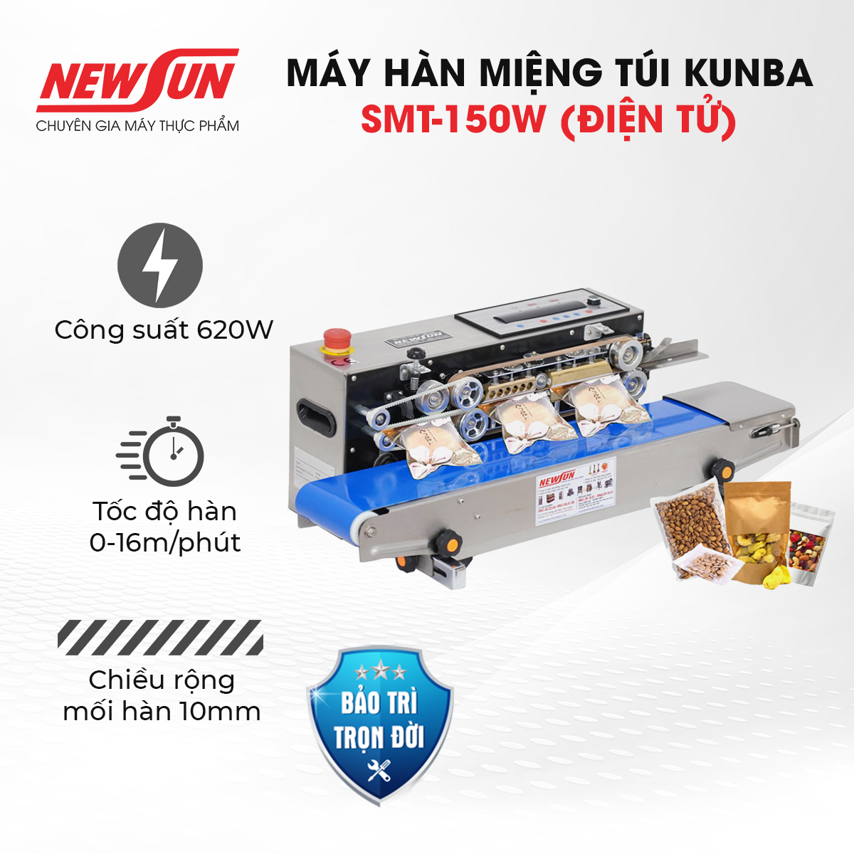 Máy hàn miệng túi Kunba SMT-150W NEWSUN - Hàn nằm in date chìm đa năng - Hàng chính hãng
