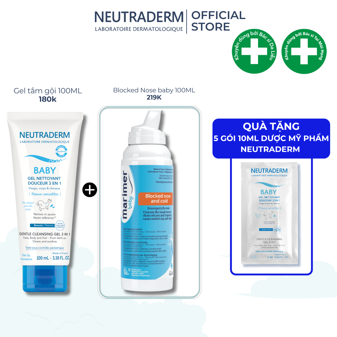 Combo Gel tắm 3in1 Neutraderm + Nước biển sâu Marimer Baby Blocked