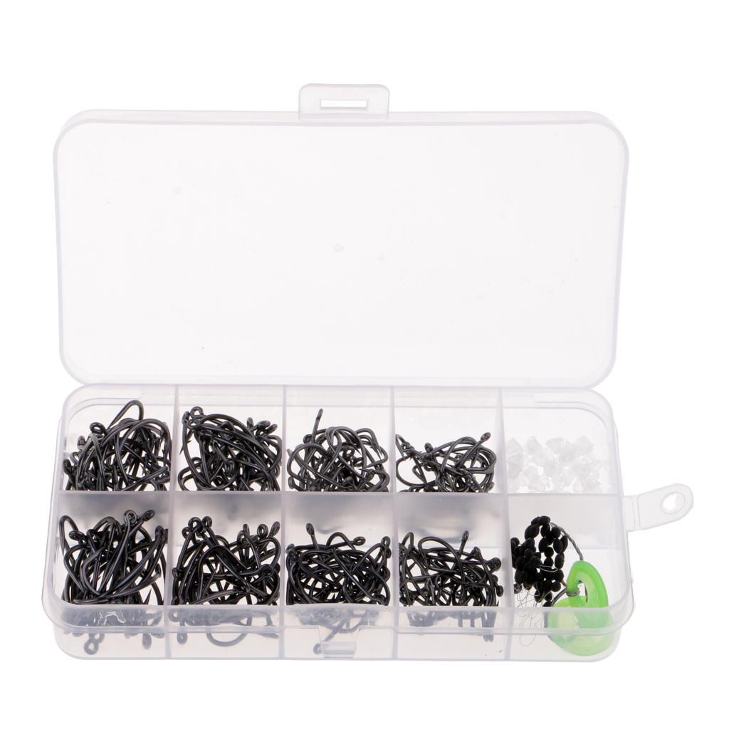 200Pcs Barbless Barbed Fishing Hooks  Hooks Fishhook w/ Stoppers & Beads