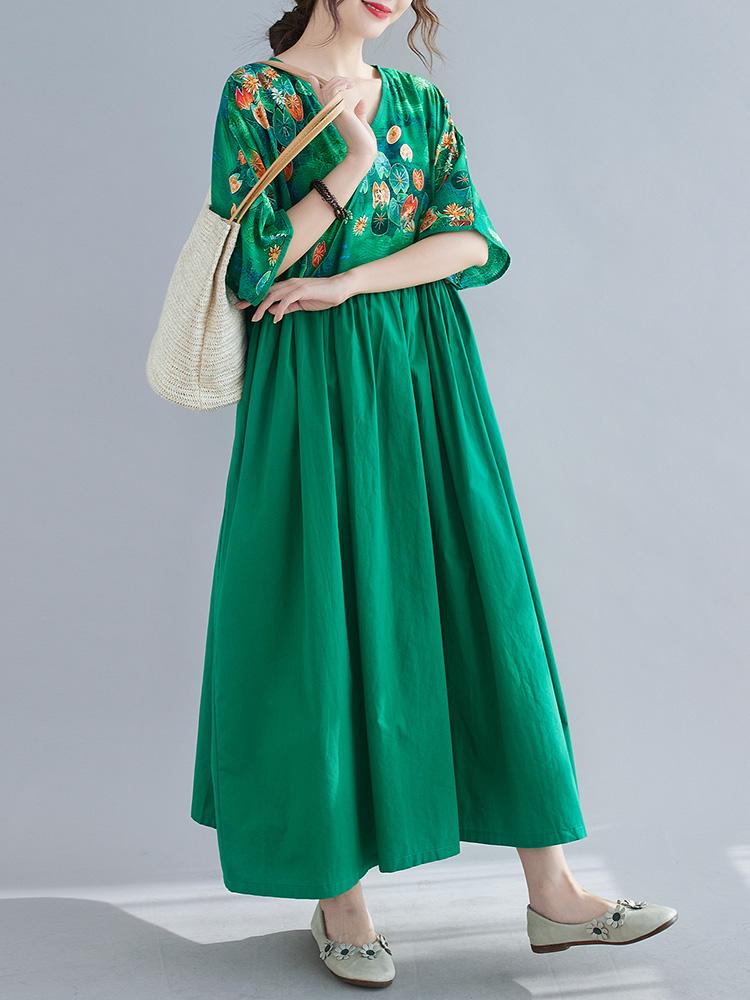 Vintage Women Cotton Linen Dress Print Splicing V Neck Wrapover Short Sleeve Pocket Casual Loose Oversized Maxi Dress