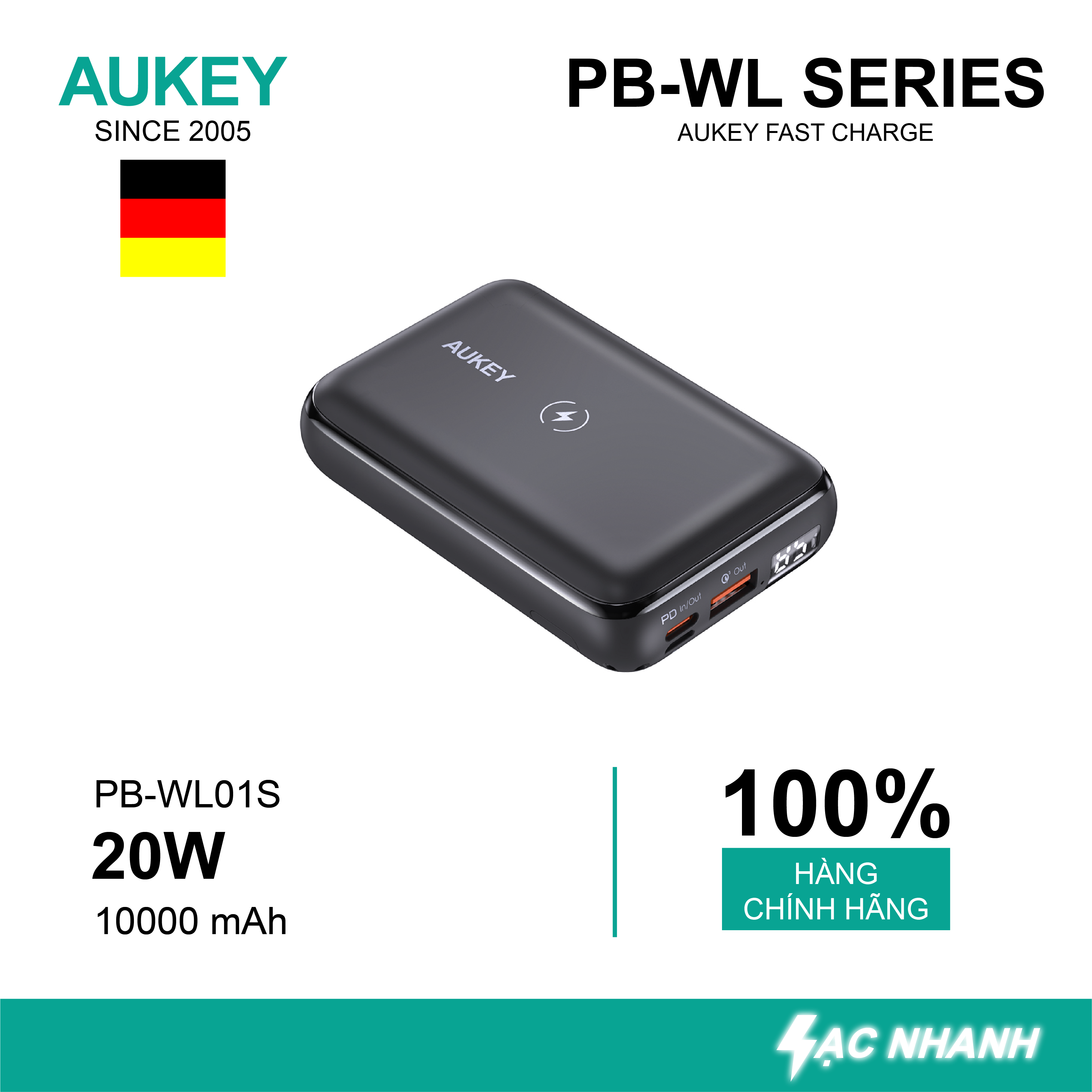 Pin dự phòng Aukey 10000mAh nhỏ gọn PD20W tích hợp sạc không dây Aukey 10W PB-WL01s màu đen - Hàng Chính Hãng