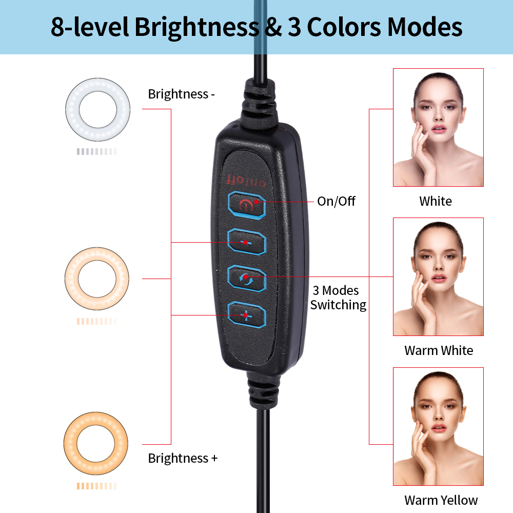 Đèn Vòng LED 9cm 3 Trong 1 Để Bàn Có Giá Đỡ Micrô Có Đế Cắm USB