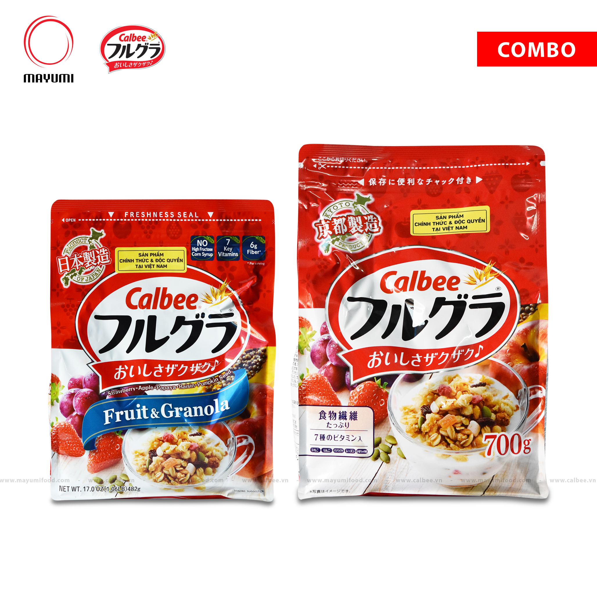 Combo 700gr + 482g Ngũ cốc trái cây Calbee Nhật Bản