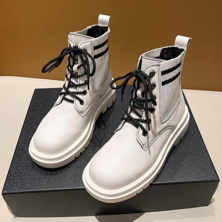 Freeship Giày bốt cổ thấp Martin cho nữ, boots cổ thấp có dây màu đen cổ tròn phối len