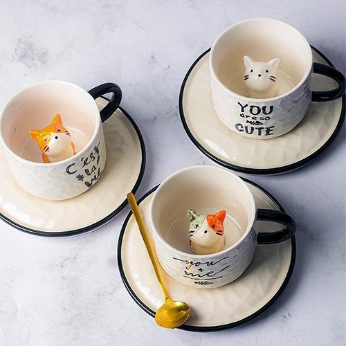 Ly sứ uống nước, Cốc uông nước, Quà lưu niệm, cute họa tiết mèo đáng yêu,kèm đế