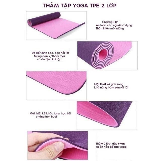 Thảm Tập Yoga Gym Chống Trượt TPE Cao Cấp 2 Lớp Dày 6mm, Tập Tại Nhà T2L
